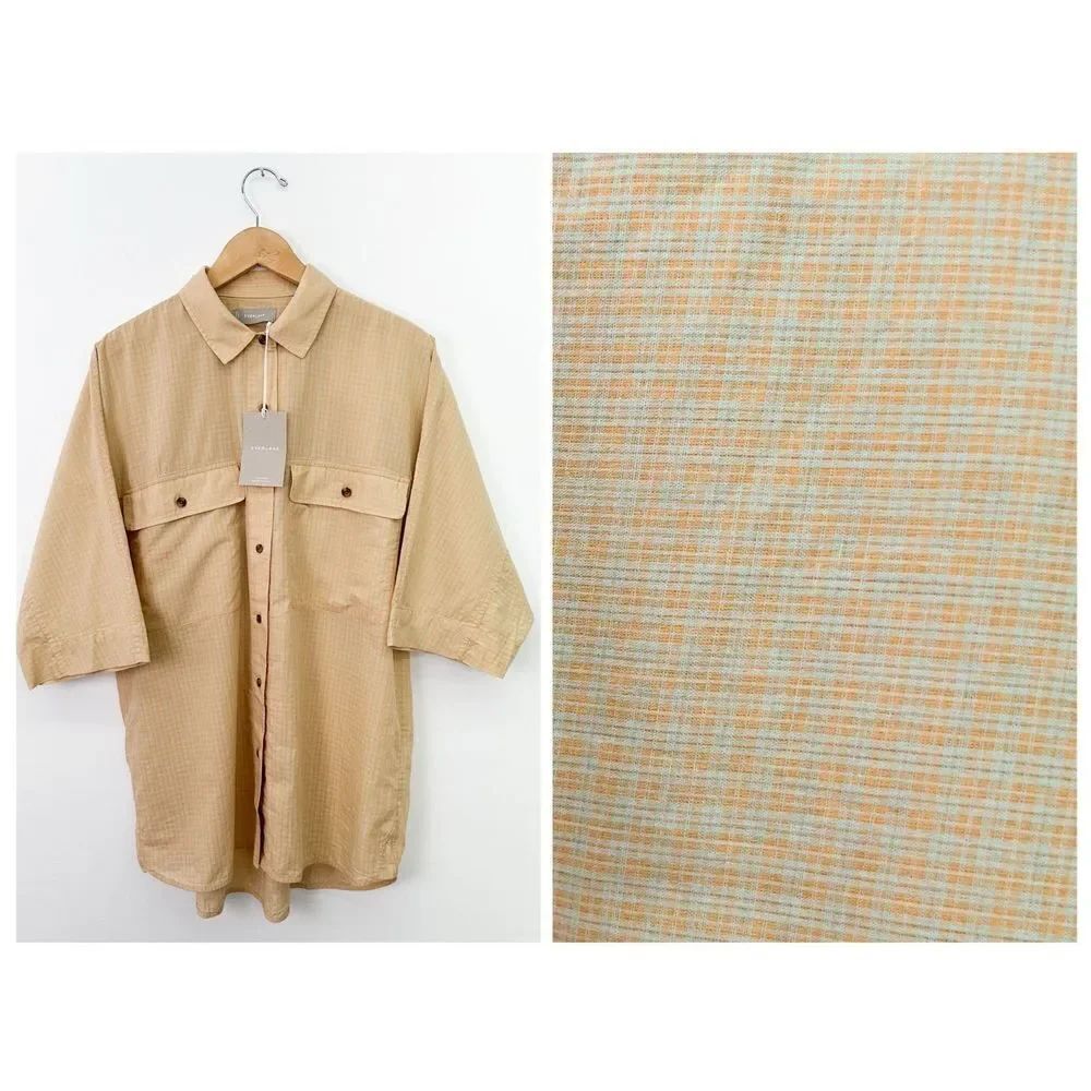 Everlane Women’s The Cotton Tourist Shirt Green Orange Micro Plaid Pattern Casua